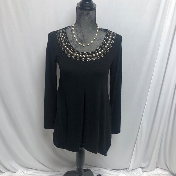 Casting Top Womens Size Small Bedazzled Black Knit Concave Hem Tunic Party NEW - Picture 1 of 7